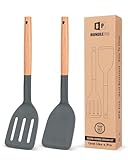 Pack of 2 Silicone Cooking Spatula, Heat Resistant Solid Turner, Non Stick Slotted Spatulas with Wooden Short Handle,Ideal Wood Kitchen Utensils Set for Frying, Baking, Flipping, Turning