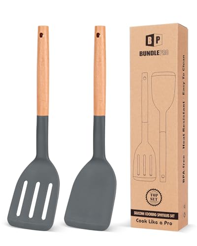 Pack of 2 Silicone Cooking Spatula, Heat Resistant Solid Turner, Non Stick Slotted Spatulas with Wooden Handle,Ideal Wood Kitchen Utensils Set for Frying, Baking, Flipping, Turning (Gray)