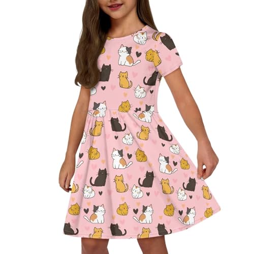 Image of Girls Dress with Pockets Basic Short Sleeve High Waist Swing Skater Dress School Party Dress for Kids