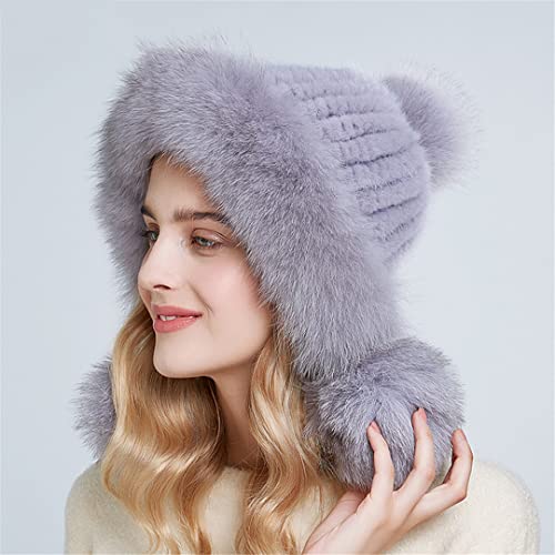 Desconocido Gorros de Piel de Invierno para Mujer, Gorros con pompón de Piel, Gorros de Piel de Punto con Forro cálido