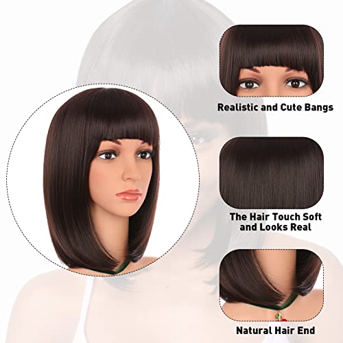 Enilecor Short Brown Bob Wigs 12" Straight With Flat Bangs Synthetic Colorful Cosplay Daily Party Wig For Women Natural As Real Hair+ Free Wig Cap (Dark Brown) #TOP4