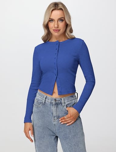 Womens Long Sleeve Tops Fall Lightweight Cardigan Cropped Going Out Shirts Ribbed Button Down Cute Trendy 2025