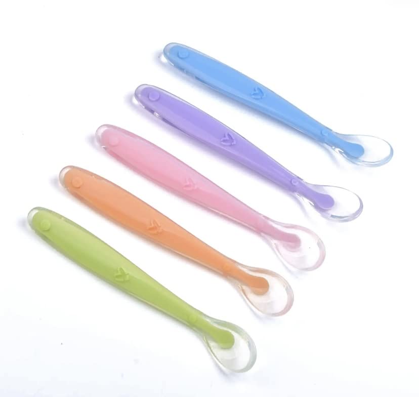 Babiezz 5 pack - Silicon baby feeding spoon BPA free - Green, Orange, Pink, Purple, Blue