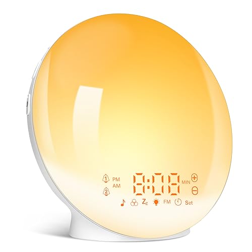 Reloj despertador Sunrise con luz de despertador de 7 colores y lámpara de noche de noche, alarma dual, función de repetición, radio FM y 7 sonidos naturales para un despertar suave.