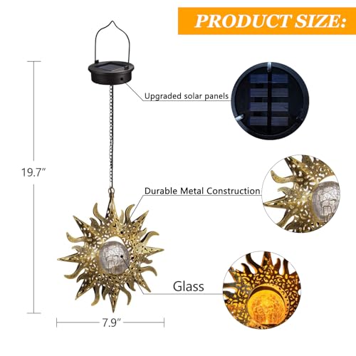 2 Pack Garden Decor Hanging Lanterns Outdoor Waterproof,Solar Lights Metal Sun Gifts Decoration for Yard Clearance Front Porch Lawn Driveway Patio Backyard Pathway Gardening Gift