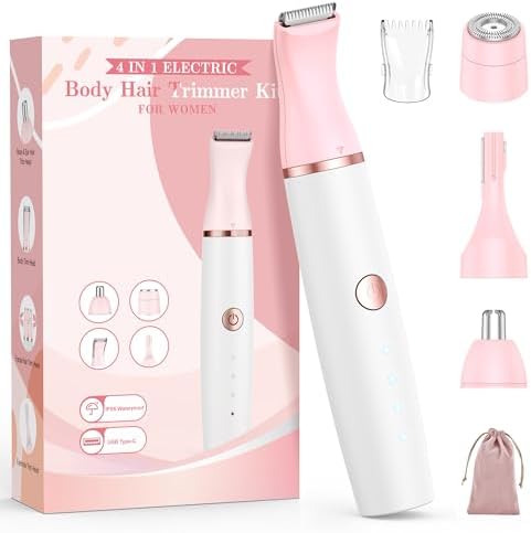 Bikini Trimmer Women: 4-in-1 Nose Hair Trimmer, Painless Pubic Hair Remover for Sensitive Skin, Rechargeable & IPX7 Waterproof Body Shaver for Face/Eyebrows/Nose/Underarms/Legs