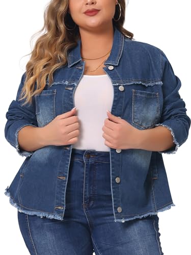 Agnes Orinda Plus Size Denim Jacket for Women Frayed Hem Classic Washed 2024 Denim Jean Jackets
