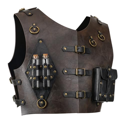 HiiFeuer Medieval Alchemy Adjustable Chest Armor, Faux Leather Studded Belt Pouch Potion Bottle, Wizard Vest Armour Ren Faire (Dark Brown A)
