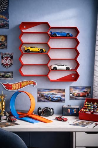 Image of 10-Car Hexagon Wall Rack Compatible with Hot Wheels Stand & 1:64 Die-Cast Cars | Stackable Wall Car Display Organizer with Side Guards & Screw Slot | Home & Office Decor (NO CAR INCLUDED)(Red)