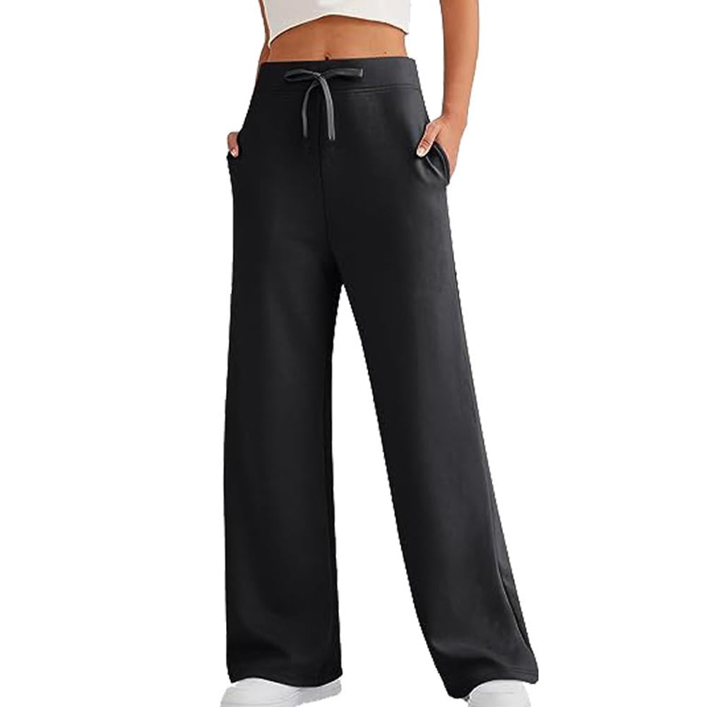 Womens Casual Comfortable High Waisted Drawstring Solid Color Wide Leg Sports Pants