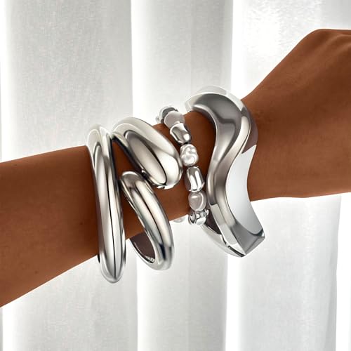 MOZAKA 4PCS Chunky Gold Bangle Bracelets for Women Trendy Wide Wrist Cuff Bracelets Stack Statement Bangle Fashion Jewelry Gift3