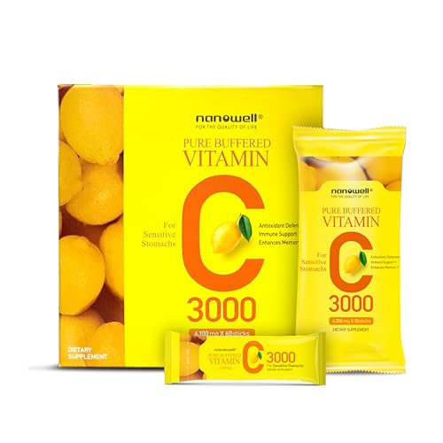 NANOWELL Pure Buffered Vitamin C 3000 mg per Serving, Dietary Supplement for Immune Support - 60 Sticks x 1 Box, 2 Months Supply (60 Count)