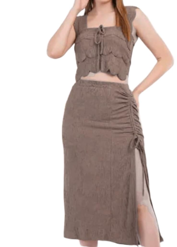 Women's Two-Piece Co-ord Set, Black, Crop Top with Midi Skirt, Side Slit Detail (multicolor)