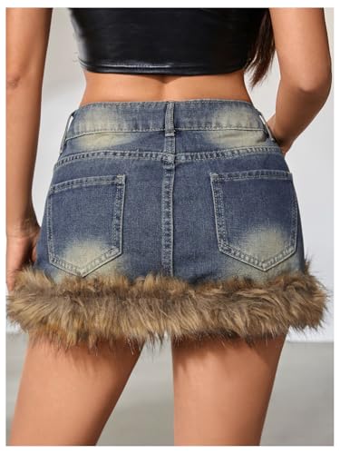 MakeMeChic Women's Y2K Summer Mini Jean Skirt Fuzzy Short Bodycon Denim Skirts with Pocket2
