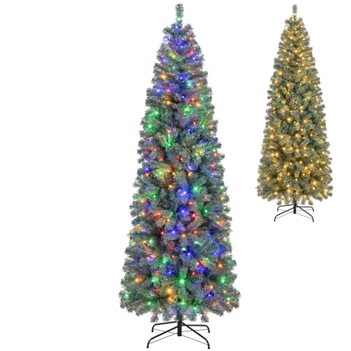 Goplus 7.5ft Pre-Lit Blue Slim Pencil Christmas Tree, Artificial Hinged Skinny Xmas Tree with...