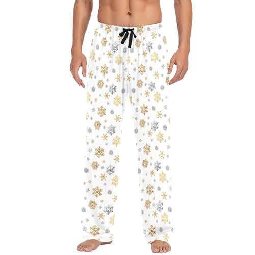 Gold Snowflakes Men's Pajamas Pants Cotton Sleep Bottoms Pants Lounge Sleepwear - S2