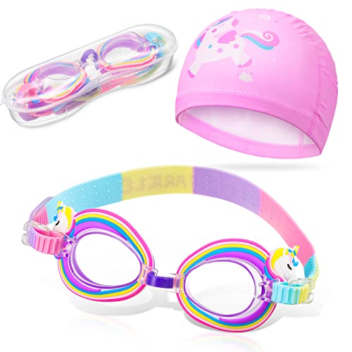 Fiada 2 Pcs Kids Swimming Cap Adjustable Toddler Swimming Goggles Stretchable Swim Hat Kids UV Protection Anti Fog Swim Glasses for Children Teens 3-15 Years Old (Unicorn)