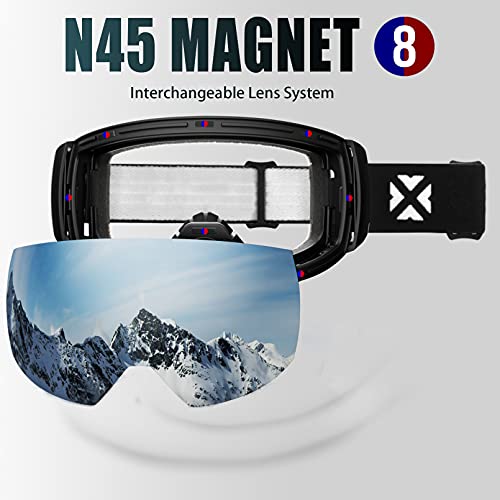 Image of MAXJULI Ski Goggles Men Women,OTG Snow Goggles with Magnetic Interchangeable Anti-fog HD Lens UV Protection (Black Frame /Silver Lens)