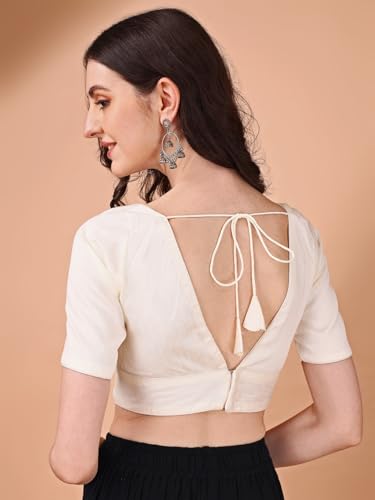 Image of Womanista Women's Dupion Silk Half Sleeve Solid V Neck Readymade Saree Blouse Stylish