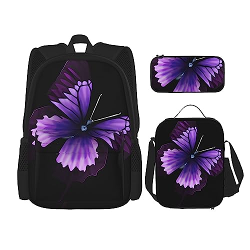 Lila Schmetterling Rucksack 3-teilig Schulranzen mit Brotdose und Federmäppchen Set > Geeignet für Jungen und Mädchen, Schwarz , Einheitsgröße, Kinderrucksack