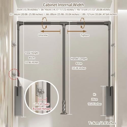 Adjustable Pull Down Closet Rod Organizer, Side-Mounted Wardrobe Lift Rail, Soft Close Garment Rack, 44 lbs Capacity, Space-Saving Storage Solution for Easy Access