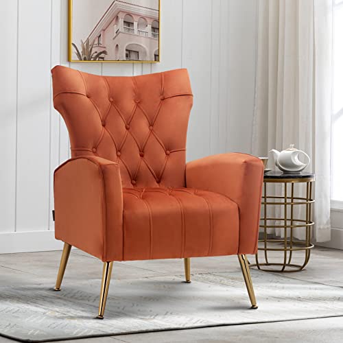 Artechworks Velvet Button Tufted Accent Arm Chair Single Sofa Upholstered With Modern Metal Gold Legs High Wingback For Living Room Club Bedroon Reading Room Office, Patio, Caramel Color, Burnt Orange #TOP29
