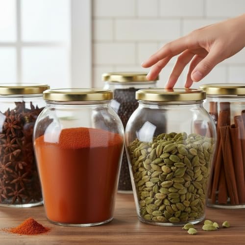 Image of ginoya brothers 1 Liter Matka Shape Glass Jar and Glass Container for Kitchen with Air Tight Lid-Pack Of 6, Clear