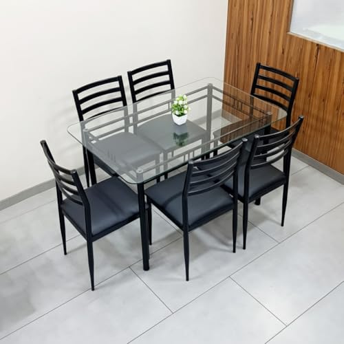 Image of Metal Dining Table Set with Clear 12 mm Thick Toughened Glass Top with Chair for Home Kitchen & Dining Room (Black, 6 Seater 3 x 5 feet)