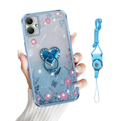 for Samsung Galaxy A05 Case,Case for Galaxy A05 TPU Luxury Crystal Butterfly Heart Floral for Women Magnetic Shockproof with Kickstand [Glitter Card & Strap] Protection Cover for A05(Sierra Blue)
