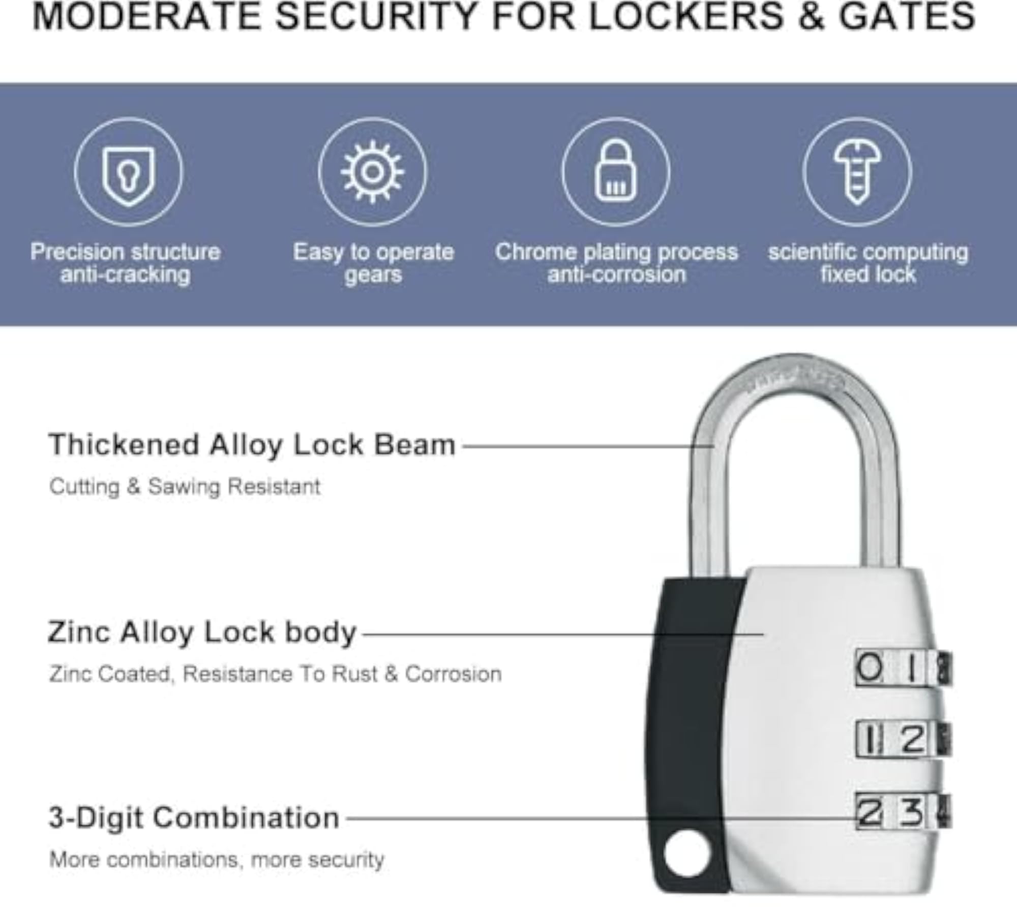 3 Digit Combination Luggage Lock, Keyless Resettable Number Padlock
