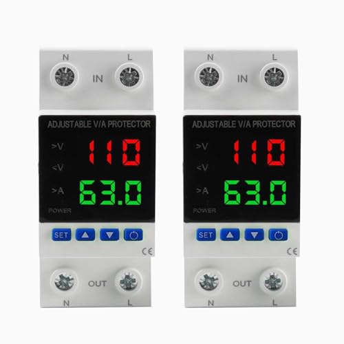 aeliussine Voltage Protector AC 110V 220V/DC 80-300V 1-63A Adjustable Smart Circuit Breaker Over Voltage & Under Voltage Cut Off DIN Rail Mount 2 Pack