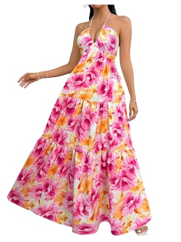 Image of SHENHE Women's Deep V Neck Tie Knot Backless Halter Dress A Line Flowy Ruffle Maxi Dress