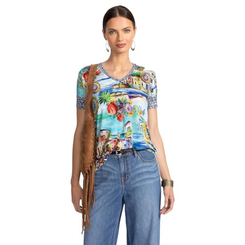 Johnny Was Janie Favorite Christy Short Sleeve V Neck Swing Tee Floral Shirt Green Blue Top New4