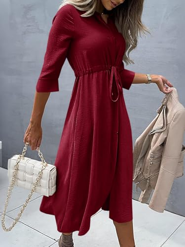 Image of Febriajuce Women's 3 /4 Sleeve Midi Dress Casual Drawstring Belted Round Neck Plain Tie Waist Loose High Waist Long Dress