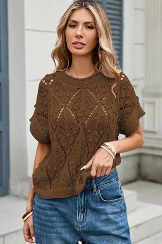 Image of Cakulo Womens Summer Crochet Boho Crop Tops Short Sleeve Lightweight Knit Sweater 2026 Beach Vacation Cruise Resort Wear