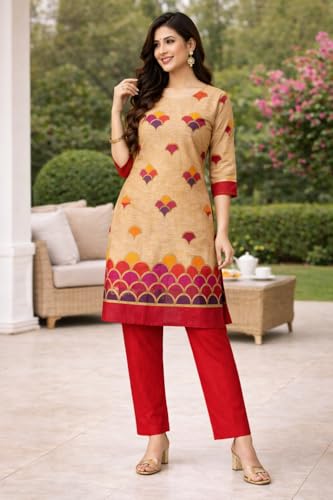Image of Women's Cotton Blend Unstitched Kurti Set for Women | A-Line Style Dress Material | 2-Piece Traditional Ethnic Wear Suit Fabric
