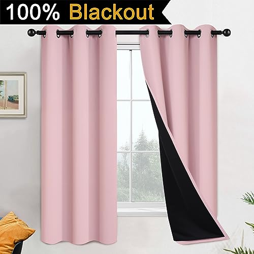 Image of Yakamok Pink 100% Blackout Curtains 63 Inches Long for Bedroom 42 inch Wide | Blackout Curtain Panels for Bedroom, 2 Thick Layers Grommet Top Thermal Insulated Drapes with Black Liner for Living Room