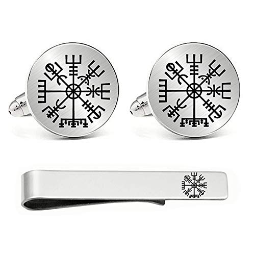 Kooer JUPPE Classic Engraved Viking Rune Vegvisir Cuff Links Tie Bar Personalized Wedding Cufflinks Jewelry Gift for Men (Silver -Cufflinks tie bar Set)