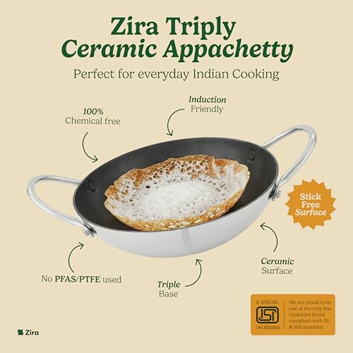 Image of Zira Triply Ceramic Appachatti 21 cm | Appam Chatti | Appam Pan | Appachatti Induction Base | 100% Chemical Free Ceramic Surface | Stick Free Low Oil Cooking | Gas & Induction Friendly