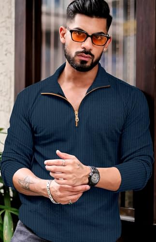 KAJARU Men's Quarter Zip Pullover T-Shirt, Cable Knit Pattern, Full Sleeve - Image 3