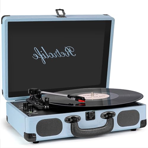 Image of Portable Suitcase Record Player, 3-Speed Belt-Driven Vinyl Turntable with Bluetooth, Built-in Speakers, RCA Line Out, AUX, Headphone Jack, Vintage Haze Blue