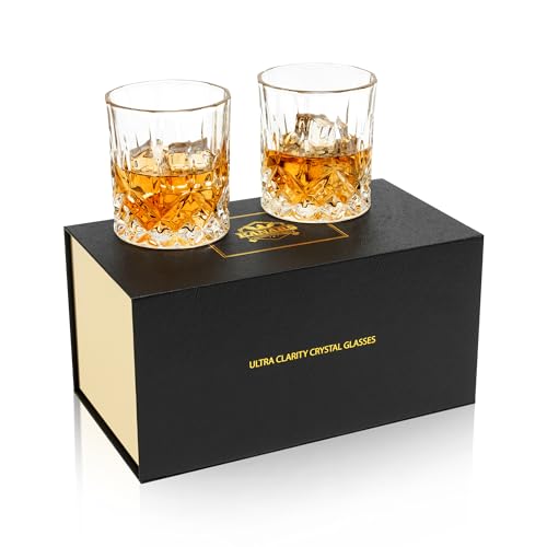 KANARS Juego de 2 Vasos de Whisky, Copas de Whiskey Robusto Cristalino Sin Plomo para Escocés, Borbón y Más, 300 ml, Caja de Regalo de Lujo