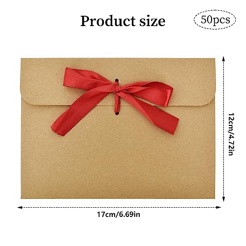 50pcs Kraft Paper Envelopes with Ribbons - Vintage Money Cash Envelopes for Valentine's Day, Mother's Day (Burgundy Ribbons) - Image 2