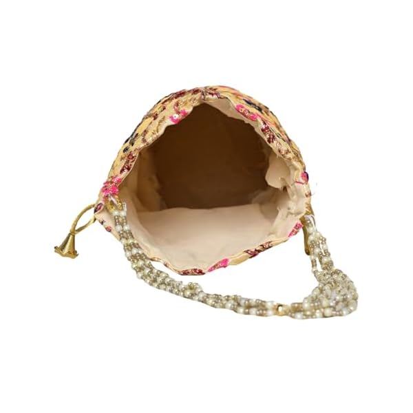 ISHANI TRENDS || Women's Ethnic Potli Designer Rajasthani Style Royal Clutch Silk Batwa Bag Zari Work Bridal Potli (CREAM) - Image 4