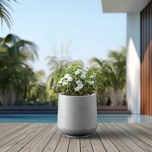 Image of Kante Large Round Curved Pale Gray Concrete Planter 16.5 inch Dia, Outdoor | Rubber Plug for Indoor, Drainage for Garden, All-Weather Cement Tree Pot, Handcrafted, Anti-Frost & UV, Modern Home Decor