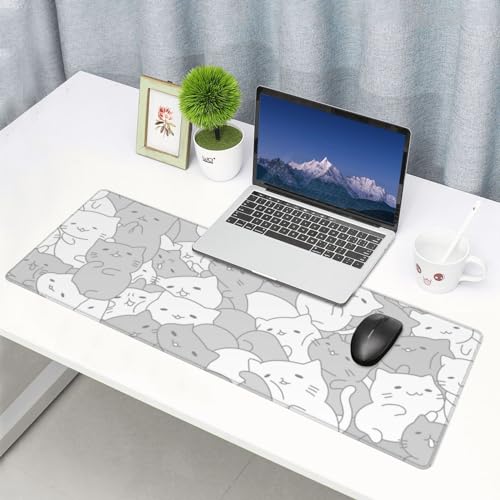 Image of White Kawaii Cats E-Sport Mouse Pad Large Desk Mat Non-Slip Rubber Base Stitched Edge Keyboard Mouse Pad for Office Home E-Sport Computer Laptop, 31.5x11.8 Inches