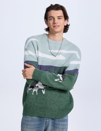 Kissonic Mens Vintage Oversized Sweater Cow Long Sleeve Crew Neck Knitted Grassland Pullover Jumper Unisex Tops2