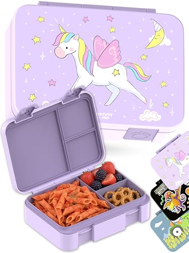 Image of BEARFOOT Kids Lunch Box with Compartments - Compact & Lightweight | Leak-Proof, BPA-Free, Dishwasher Safe | Hand-Drawn Design for Preschool, School, Travel (Unicorn Purple, 4 Cups)