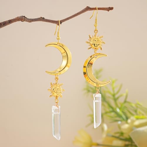 Celestial Raw Crystal Dangle Earrings with Sun and Moon Design - image 3
