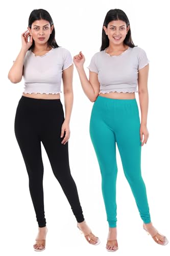 Image of TPF Women Solid Cotton Lycra 4 Way Stretchable Leggings | Combo Pack of 2 Comfortable Churidar-Length Slim Fit Leggings for Women & Girls